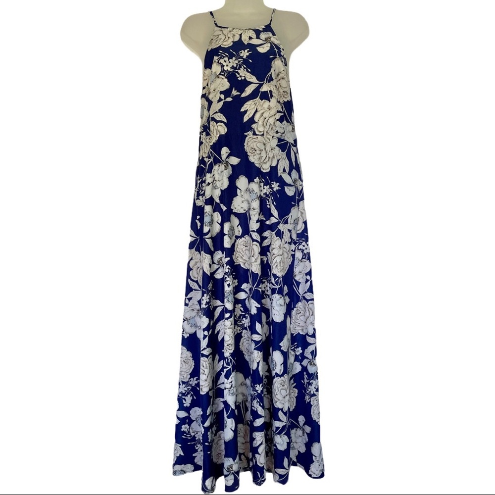 Blue Floral Maxi Dress High Neck Wedding